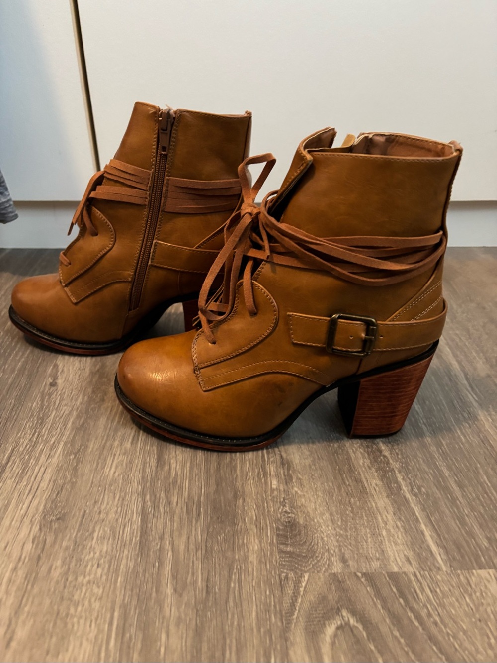 Steppin' Out Chestnut Lace-Up Buckle Block Heel Ankle Boots